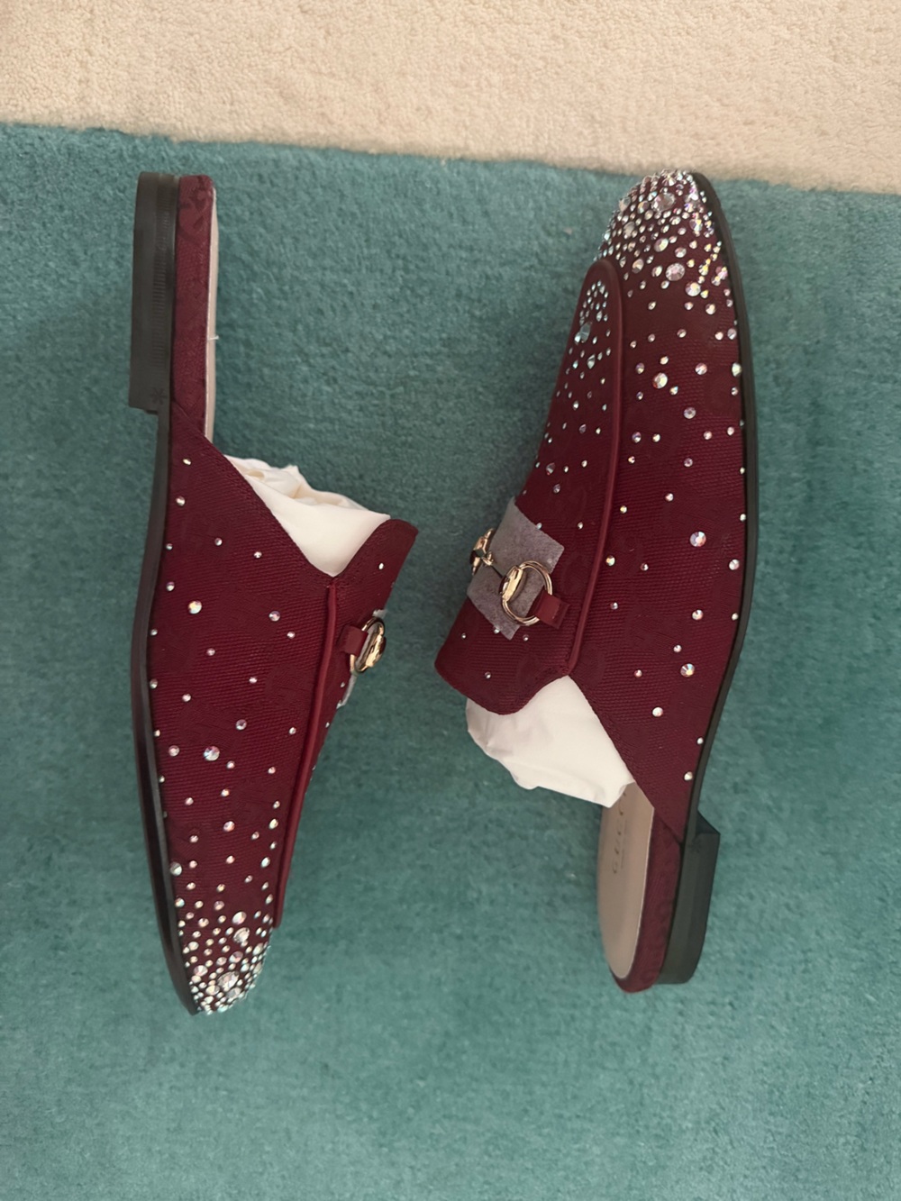Gucci Burgundy Crystal Princetown Mules - Picture 4 of 6